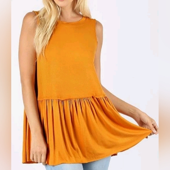 Zenana Outfitters Tops - Zenana Premium Soft  Stretch Jersey Scoop Neck Ruffle Hem Tunic Top, Mustard M